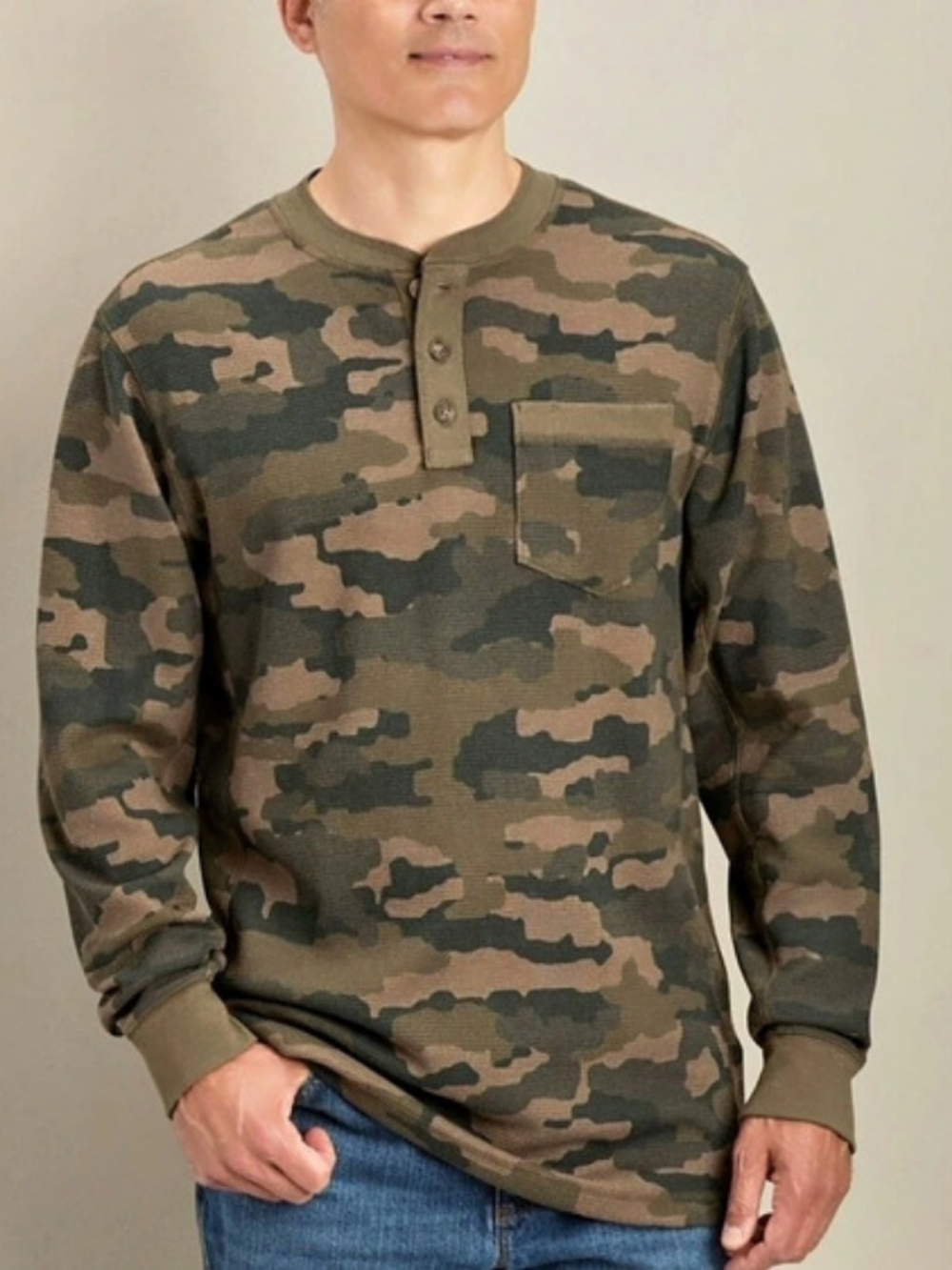 Duluth Burly Thermal Camo Henley Long Sleeve Shirt Relaxed Fit Mens Size XL